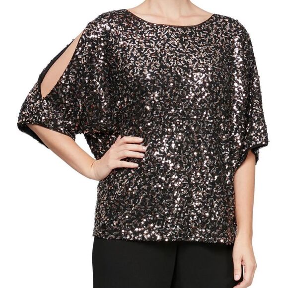 Alex Evenings Sequin Cold Shoulder Top - Picture 1 of 8